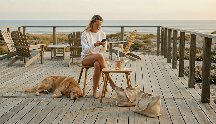 Frau auf einem Heimat Hocker auf einer Holzterrasse am Meer, daneben Hund und kleiner Tisch.