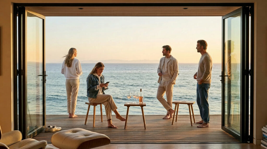 Menschen auf einer Terrasse am Meer mit Heimat Hockern und kleinem Tisch