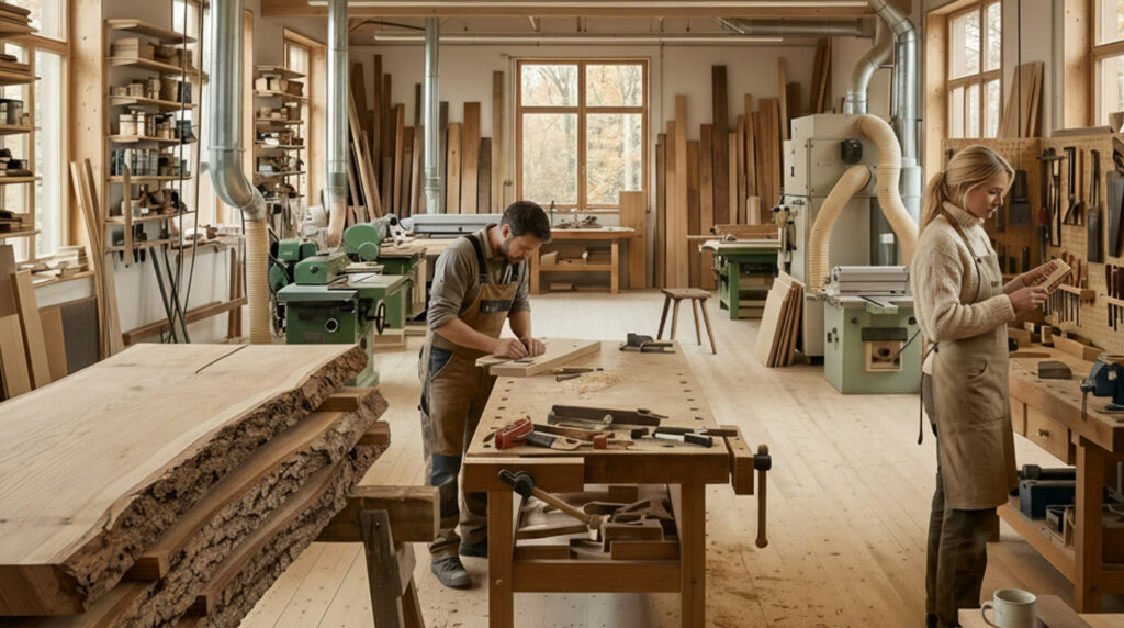 Werkstattszene mit handwerklicher Fertigung in der Tischlerei.