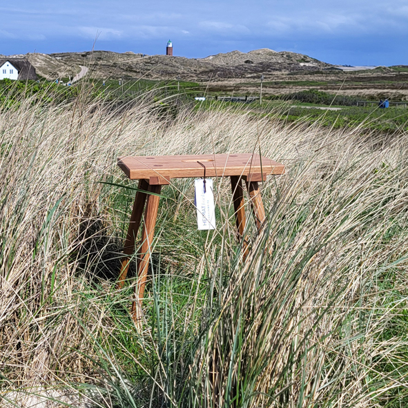 Heimat Hocker im hohen Gras einer Dünenlandschaft.